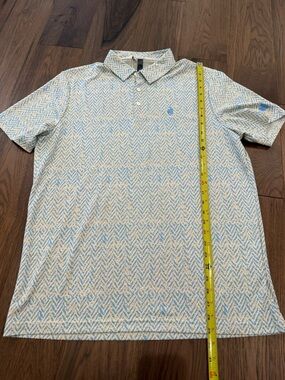 NWT Adidas Golf Polo Shirt Mens Large Blue Yellow Geometric Chevron Print